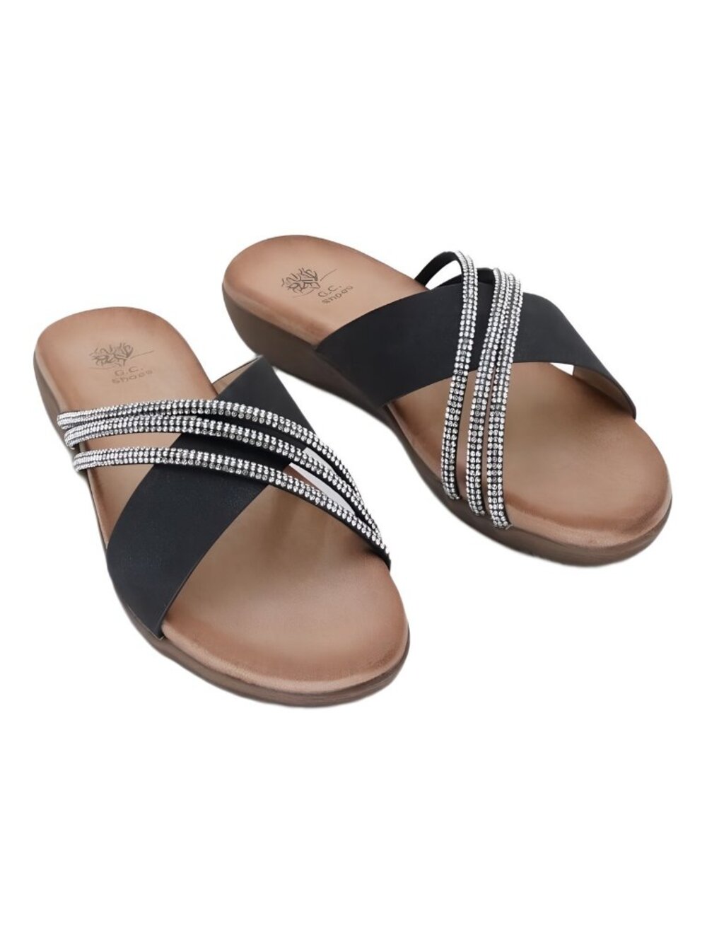 GC Shoes Women's Iris Rhinestone Slip On Sandals Black Size 6M